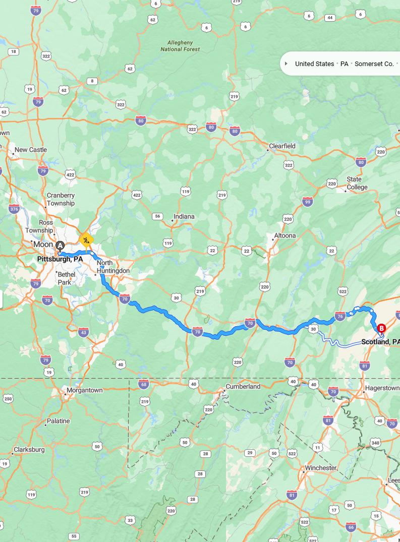 driving from Pittsburgh, Pennsylvania to ScotlandPennsylvania - map and route