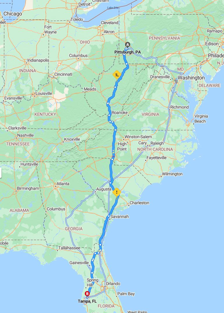 driving from Pittsburgh, Pennsylvania to TampaFlorida - map and route