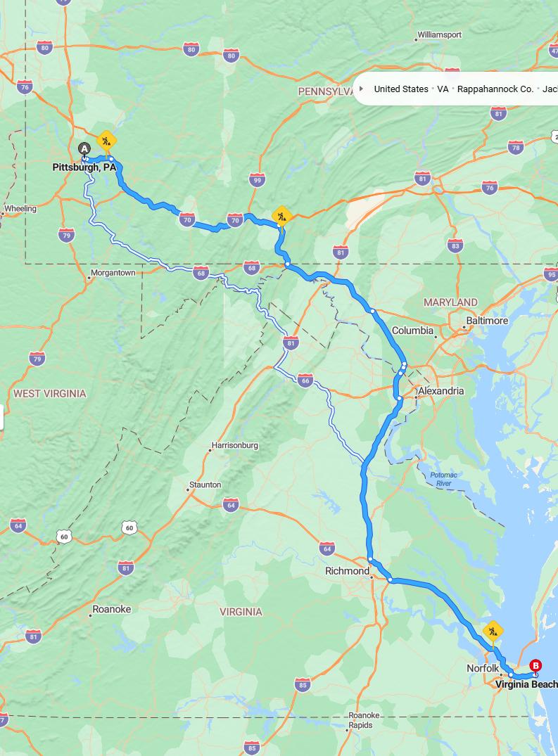 driving from Pittsburgh, Pennsylvania to Virginia BeachVirginia - map and route