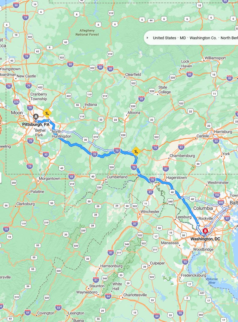 driving from Pittsburgh, Pennsylvania to WashingtonDistrict of Columbia - map and route