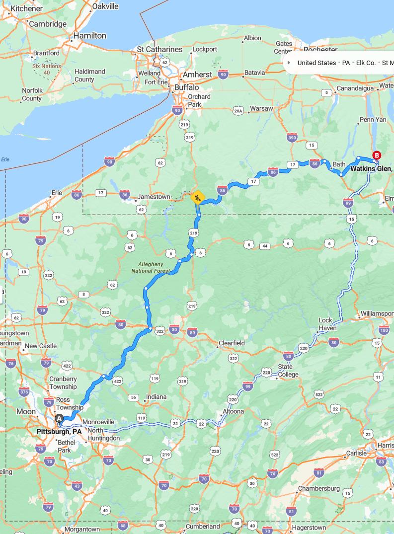 driving from Pittsburgh, Pennsylvania to Watkins GlenNew York - map and route