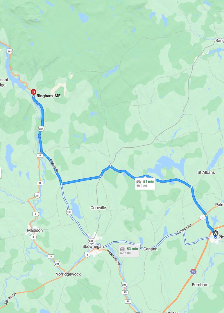 driving from Pittsfield, Maine to BinghamMaine - map and route