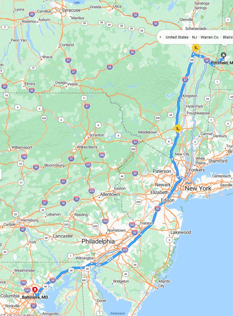 driving from Pittsfield, Massachusetts to BaltimoreMaryland - map and route