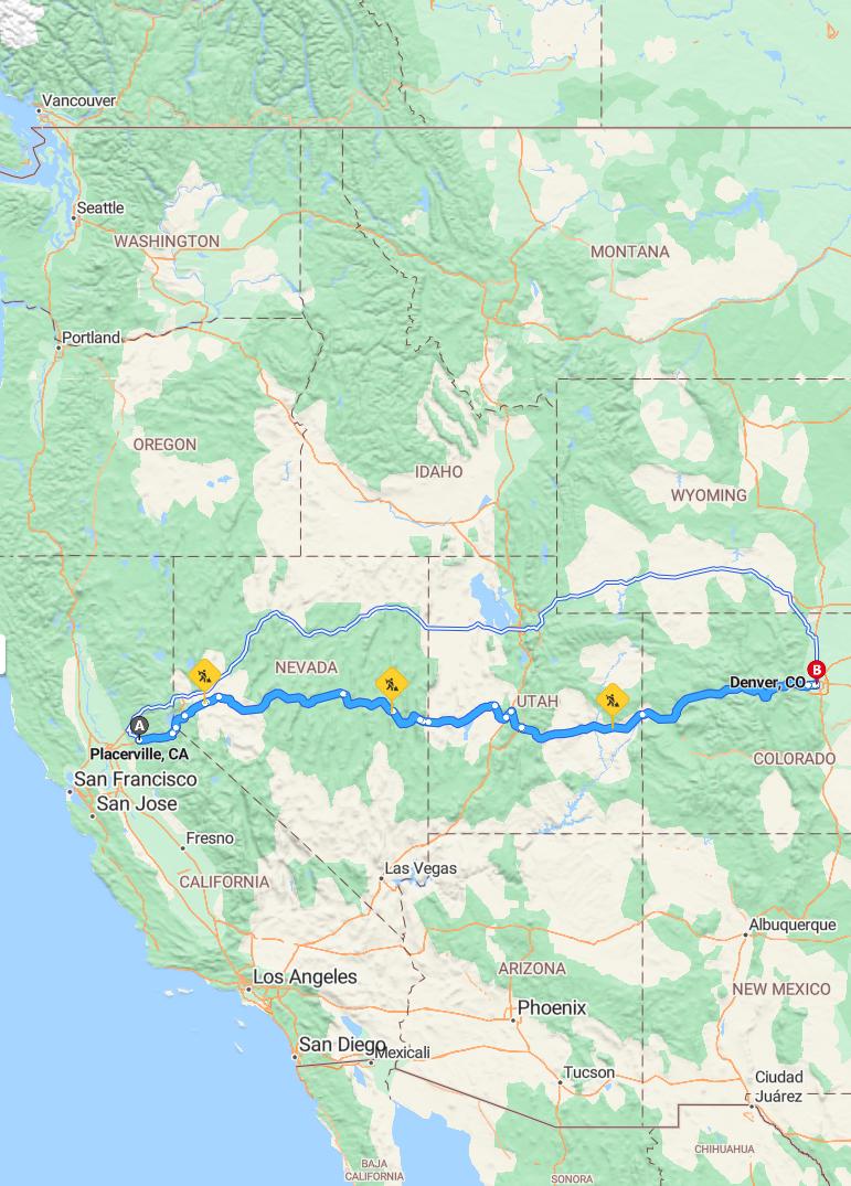 driving from Placerville, California to DenverColorado - map and route
