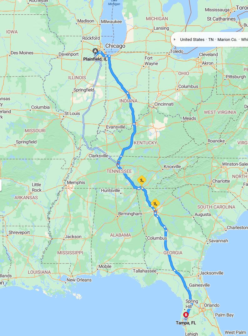 driving from Plainfield, Illinois to TampaFlorida - map and route