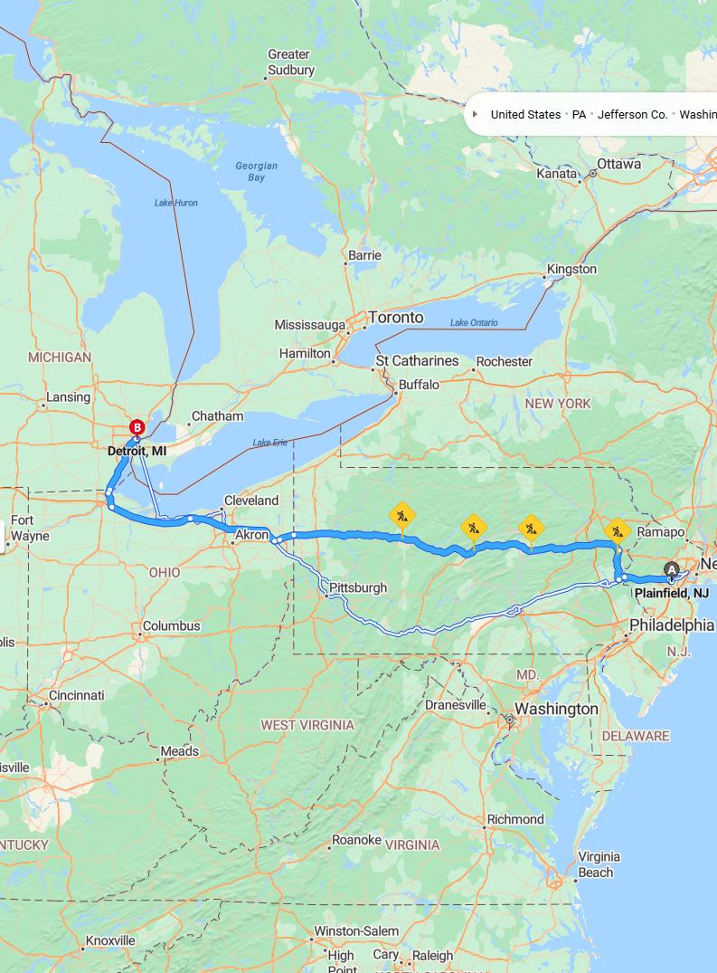 driving from Plainfield, New Jersey to DetroitMichigan - map and route
