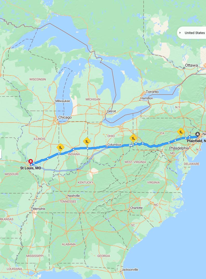 driving from Plainfield, New Jersey to St. LouisMissouri - map and route