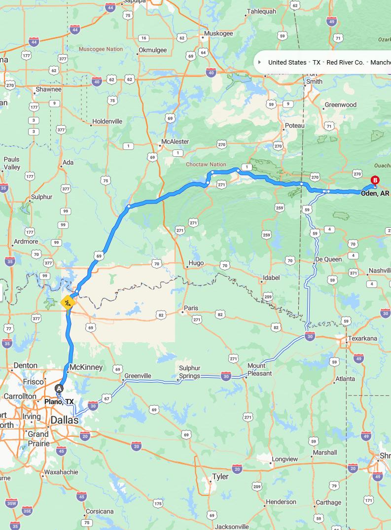 driving from Plano, Texas to OdenArkansas - map and route