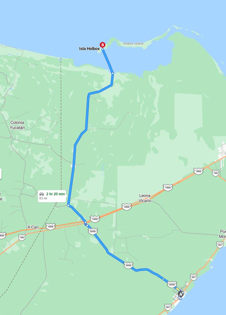driving from Playa del Carmen, Quintana Roo to HolboxQuintana Roo - map and route