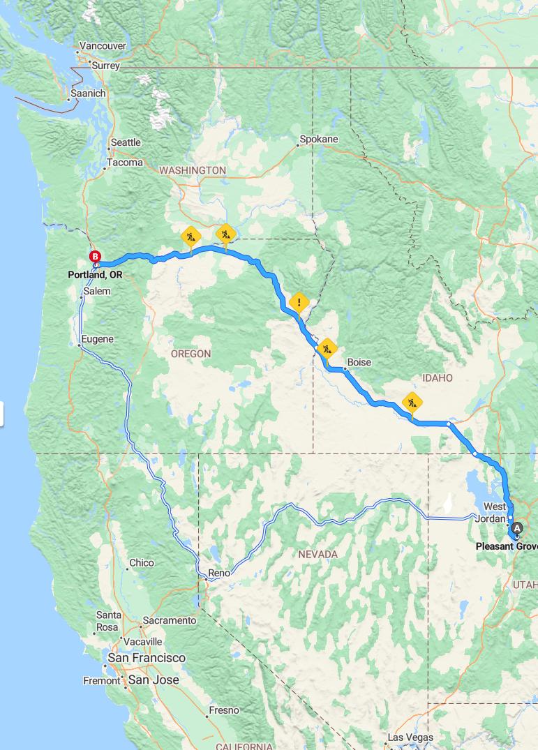 driving from Pleasant Grove, Utah to PortlandOregon - map and route