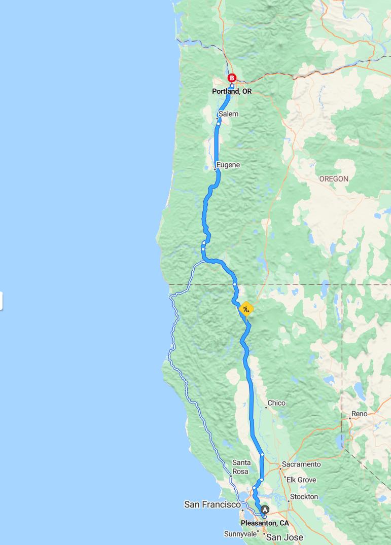 driving from Pleasanton, California to PortlandOregon - map and route