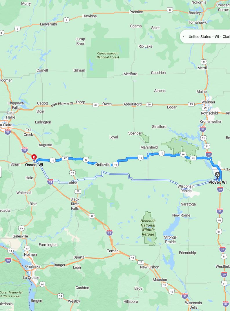 driving from Plover, Wisconsin to OsseoWisconsin - map and route