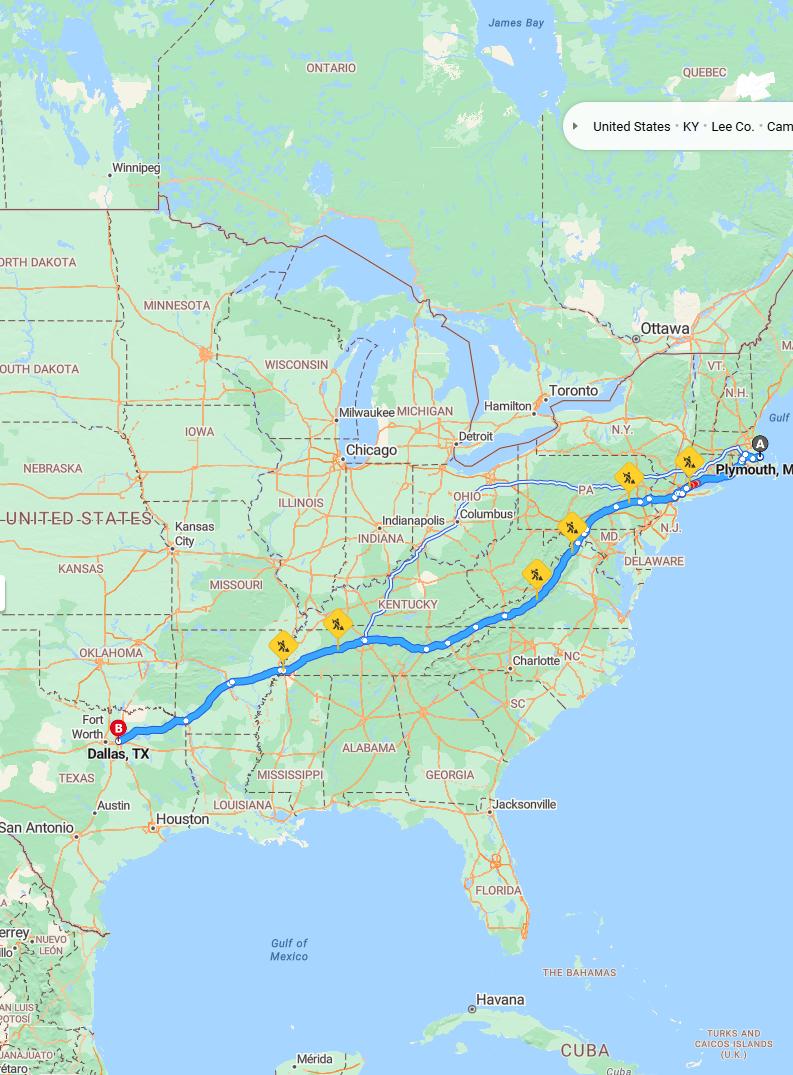driving from Plymouth, Massachusetts to DallasTexas - map and route