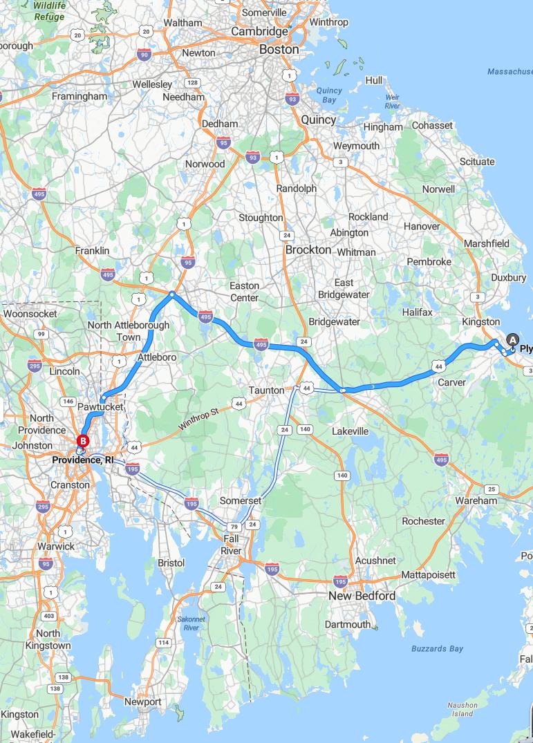 driving from Plymouth, Massachusetts to ProvidenceRhode Island - map and route