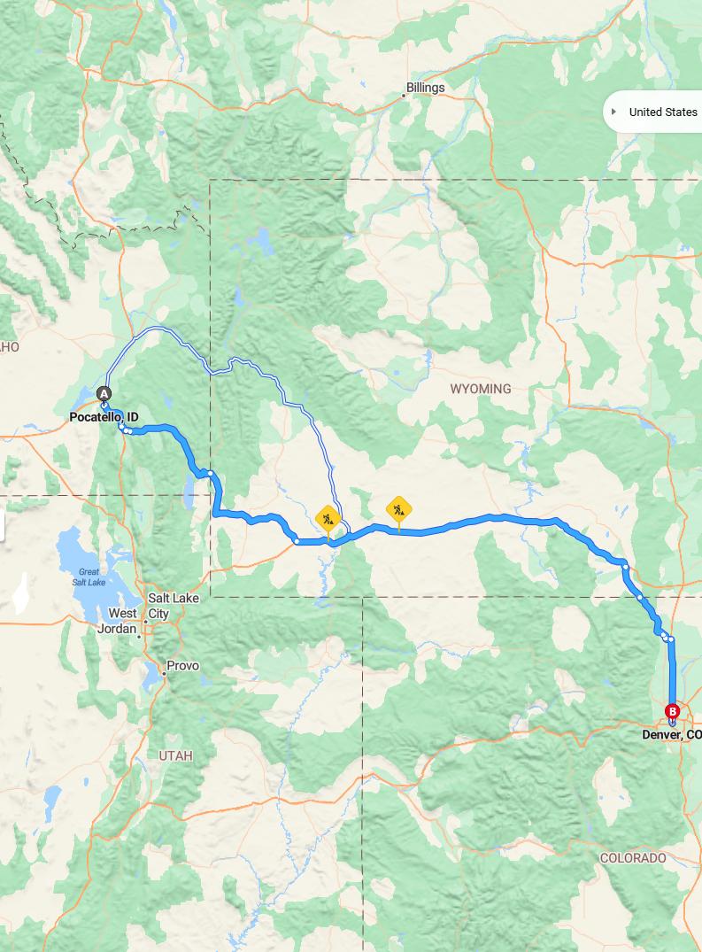 driving from Pocatello, Idaho to DenverColorado - map and route