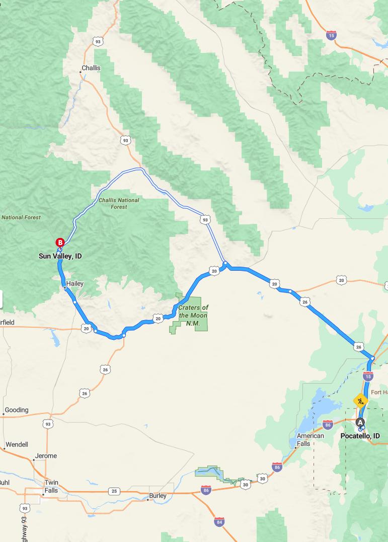 driving from Pocatello, Idaho to Sun ValleyIdaho - map and route