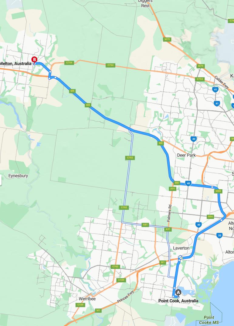 driving from Point Cook, Victoria to MeltonVictoria - map and route