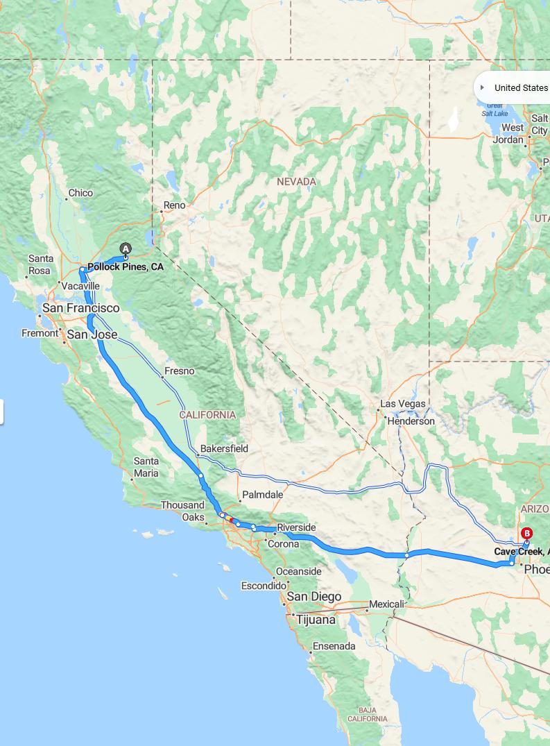 driving from Pollock Pines, California to Cave CreekArizona - map and route