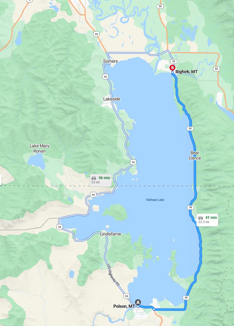 driving from Polson, Montana to BigforkMontana - map and route