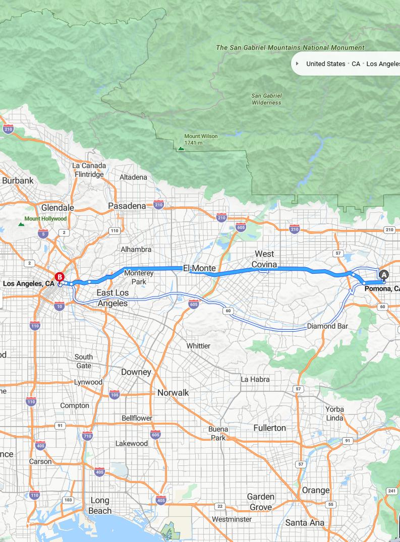 driving from Pomona, California to Los AngelesCalifornia - map and route