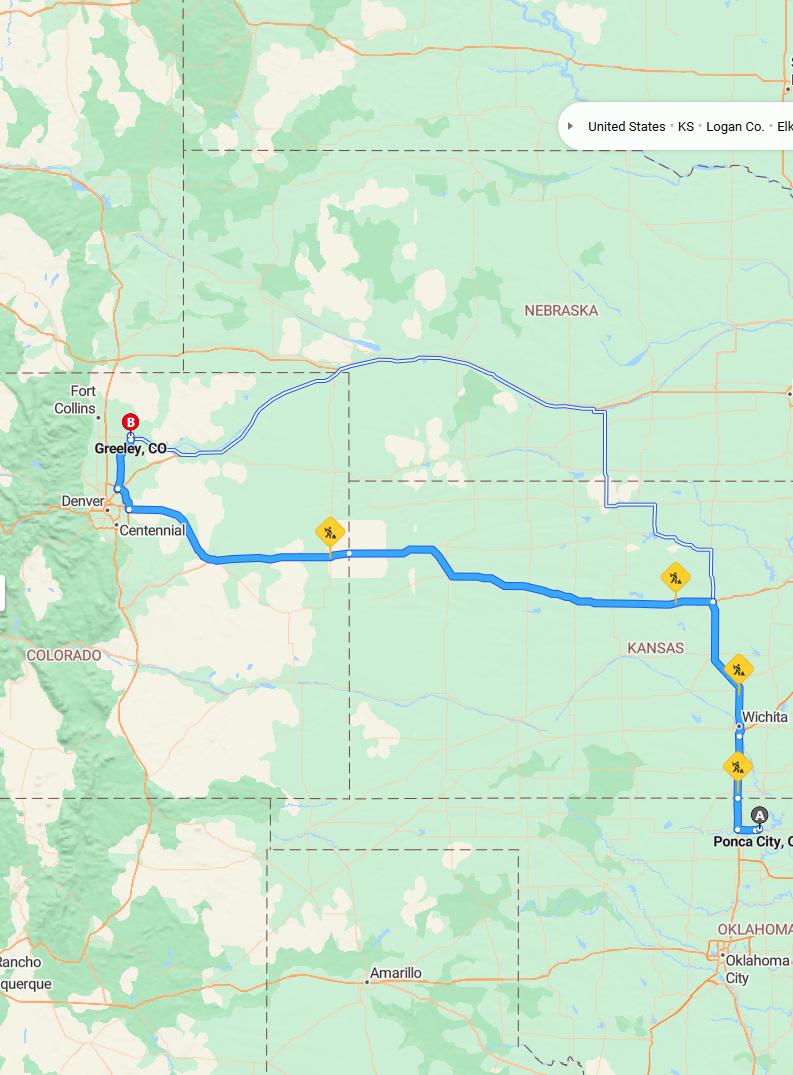 driving from Ponca City, Oklahoma to GreeleyColorado - map and route