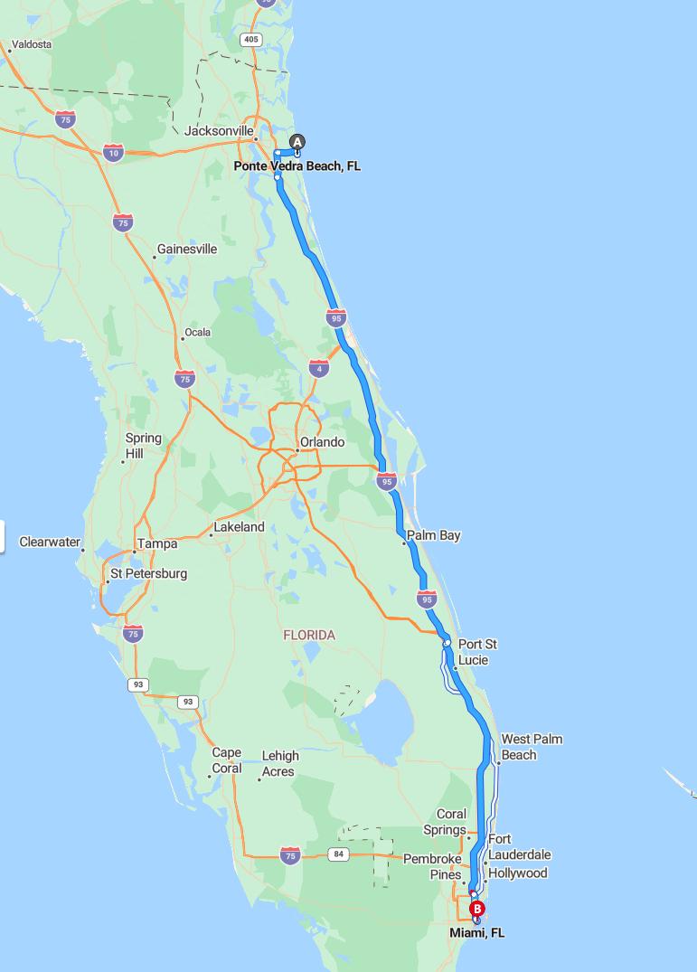 driving from Ponte Vedra Beach, Florida to MiamiFlorida - map and route
