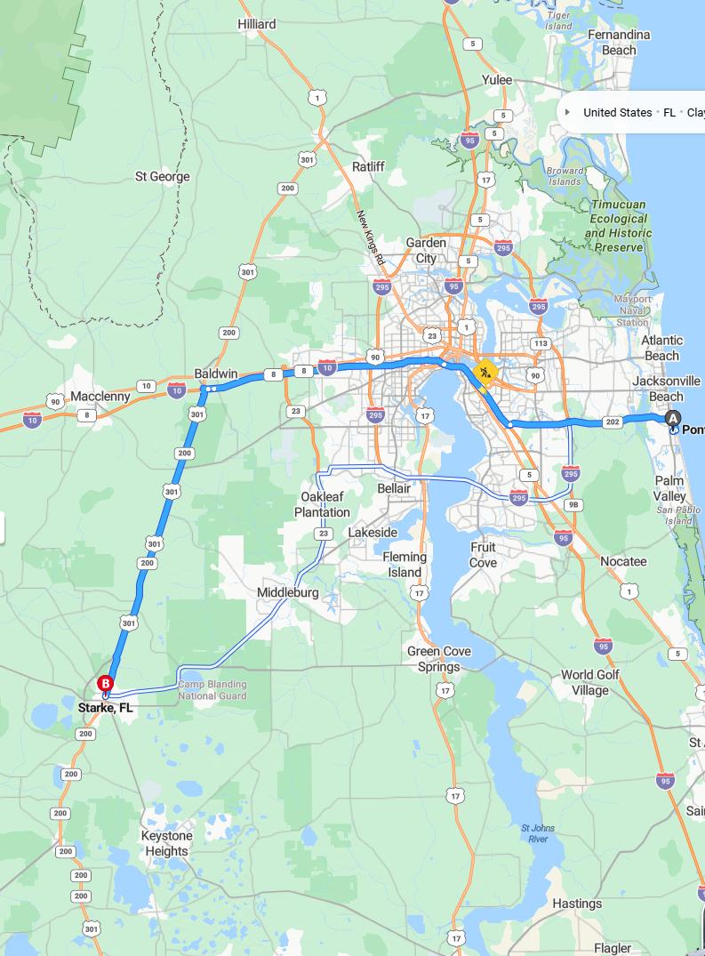 driving from Ponte Vedra Beach, Florida to StarkeFlorida - map and route