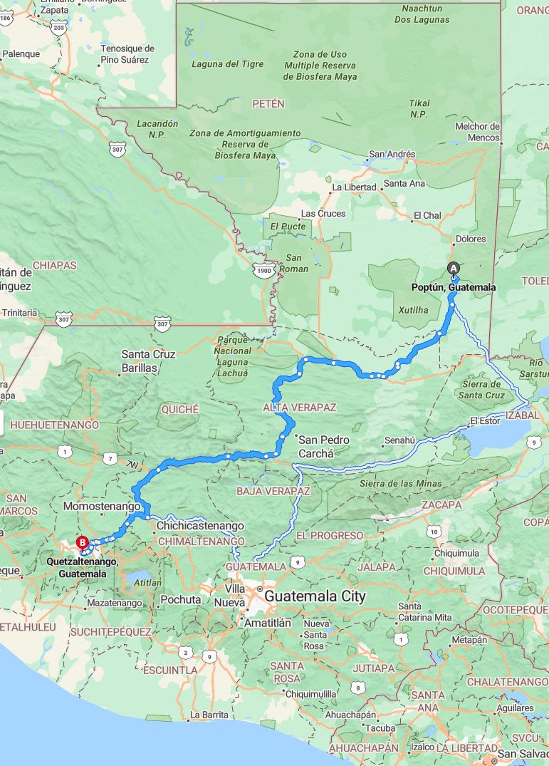 driving from Poptun, Guatemala to XelaGuatemala - map and route