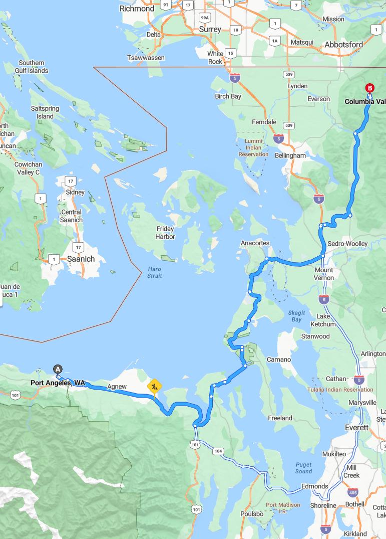 driving from Port Angeles, Washington to Columbia ValleyWashington - map and route