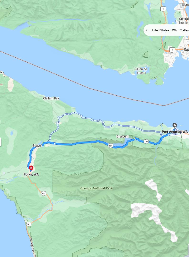 driving from Port Angeles, Washington to ForksWashington - map and route