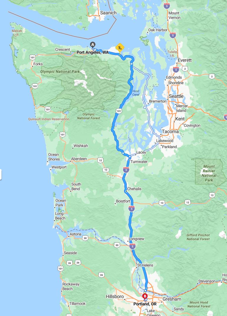 driving from Port Angeles, Washington to PortlandOregon - map and route