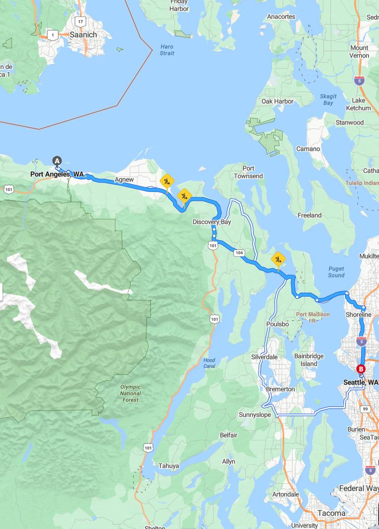 driving from Port Angeles, Washington to SeattleWashington - map and route