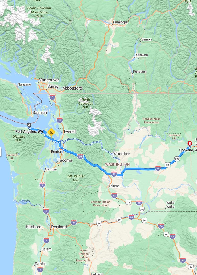 driving from Port Angeles, Washington to SpokaneWashington - map and route