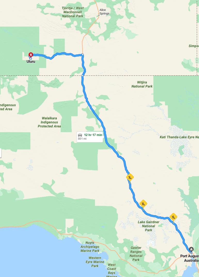 driving from Port Augusta, South Australia to UluruNorthern Territory - map and route