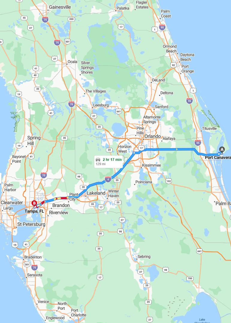 driving from Port Canaveral, Florida to TampaFlorida - map and route