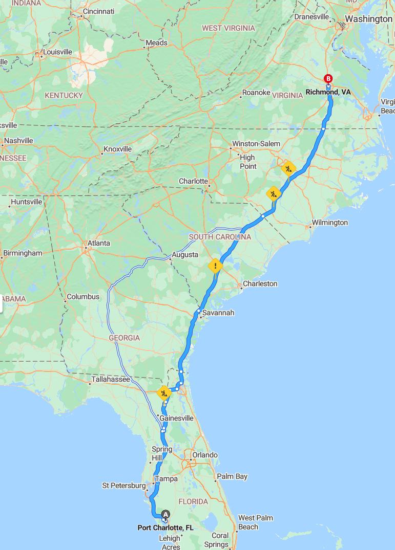 driving from Port Charlotte, Florida to RichmondVirginia - map and route