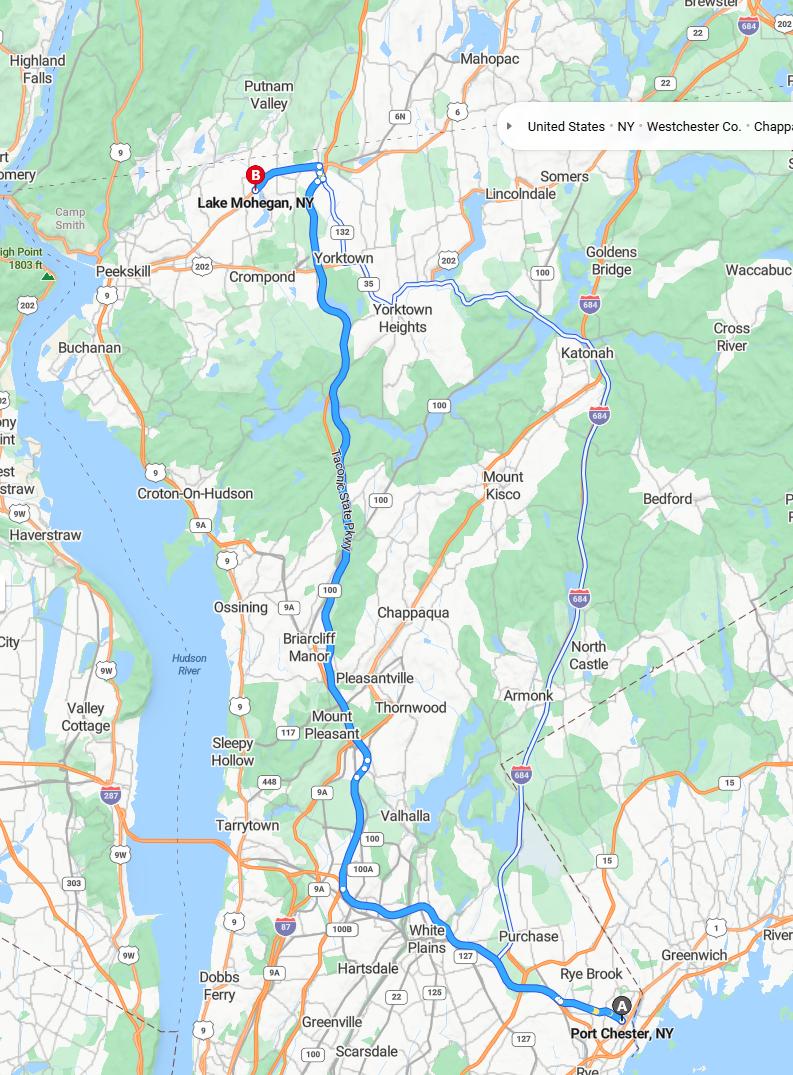 driving from Port Chester, New York to Mohegan LakeNew York - map and route