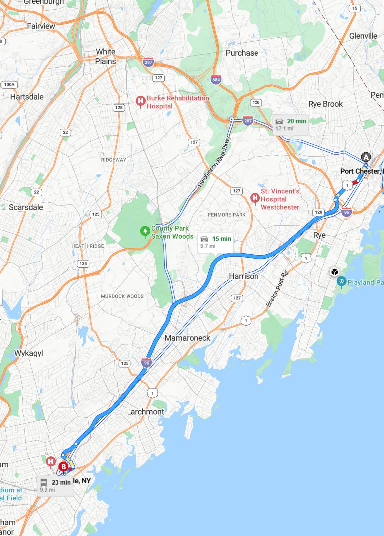 driving from Port Chester, New York to New RochelleNew York - map and route