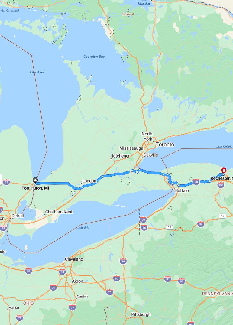 driving from Port Huron, Michigan to RochesterNew York - map and route