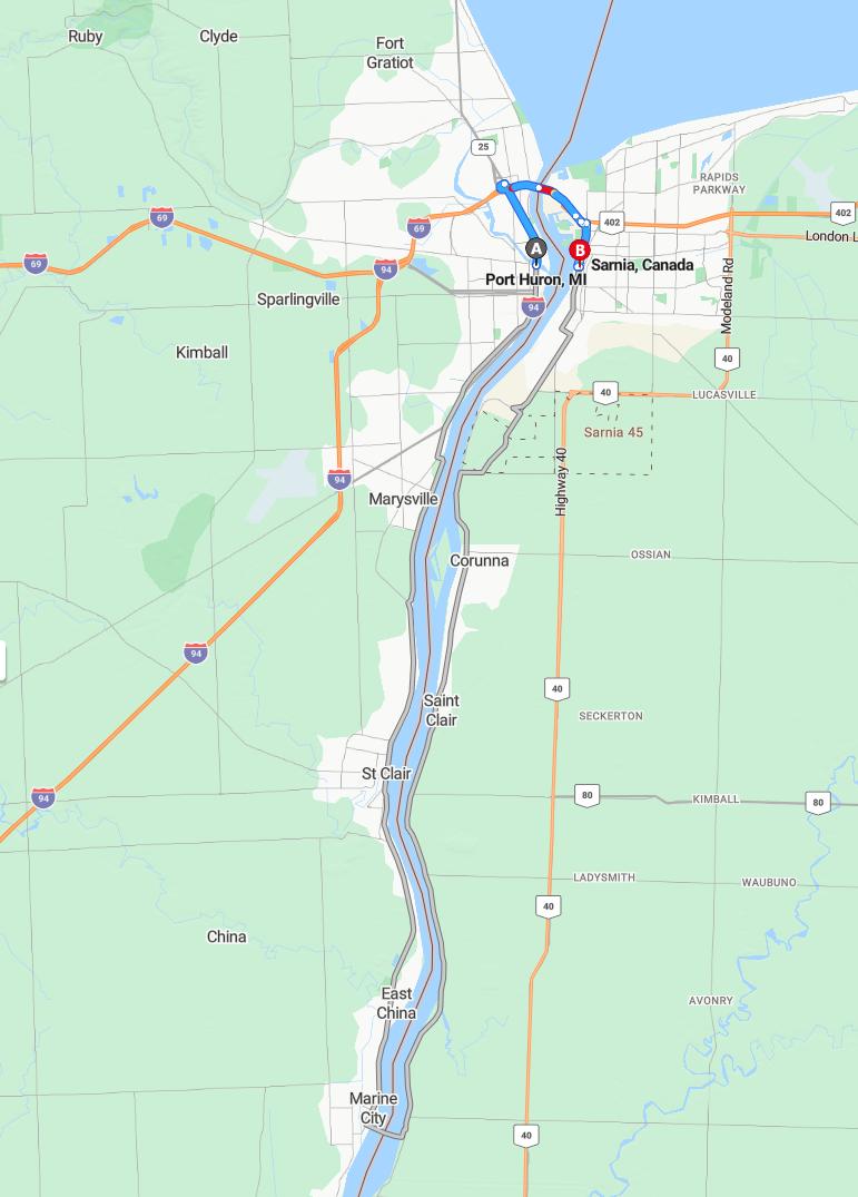driving from Port Huron, Michigan to SarniaOntario - map and route