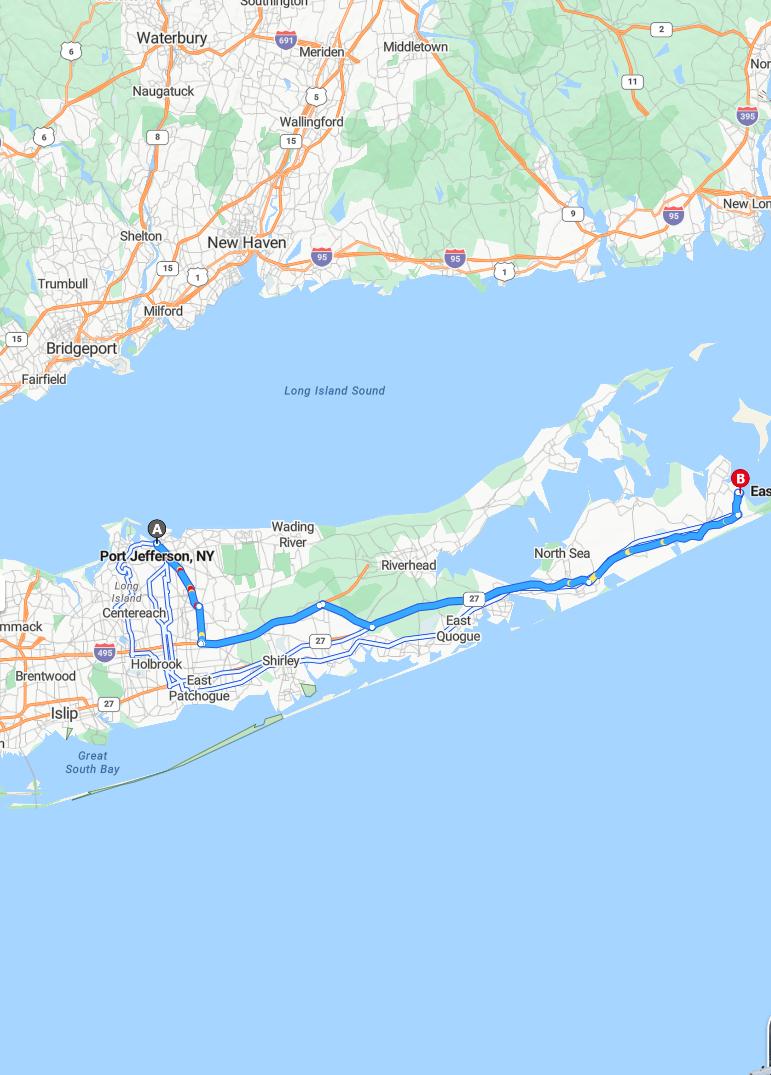 driving from Port Jefferson, New York to East HamptonNew York - map and route