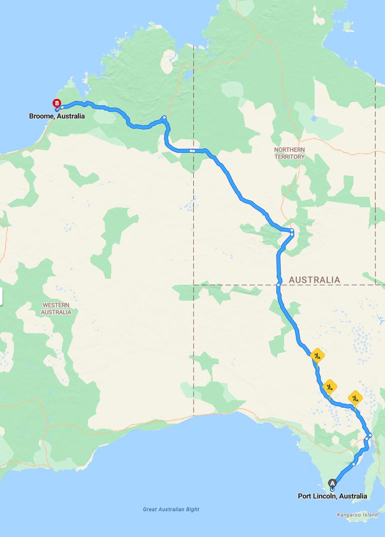 driving from Port Lincoln, South Australia to BroomeWestern Australia - map and route