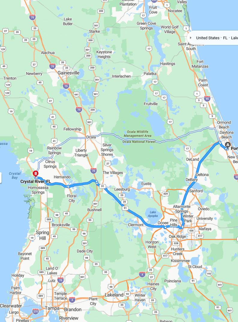 driving from Port Orange, Florida to Crystal RiverFlorida - map and route
