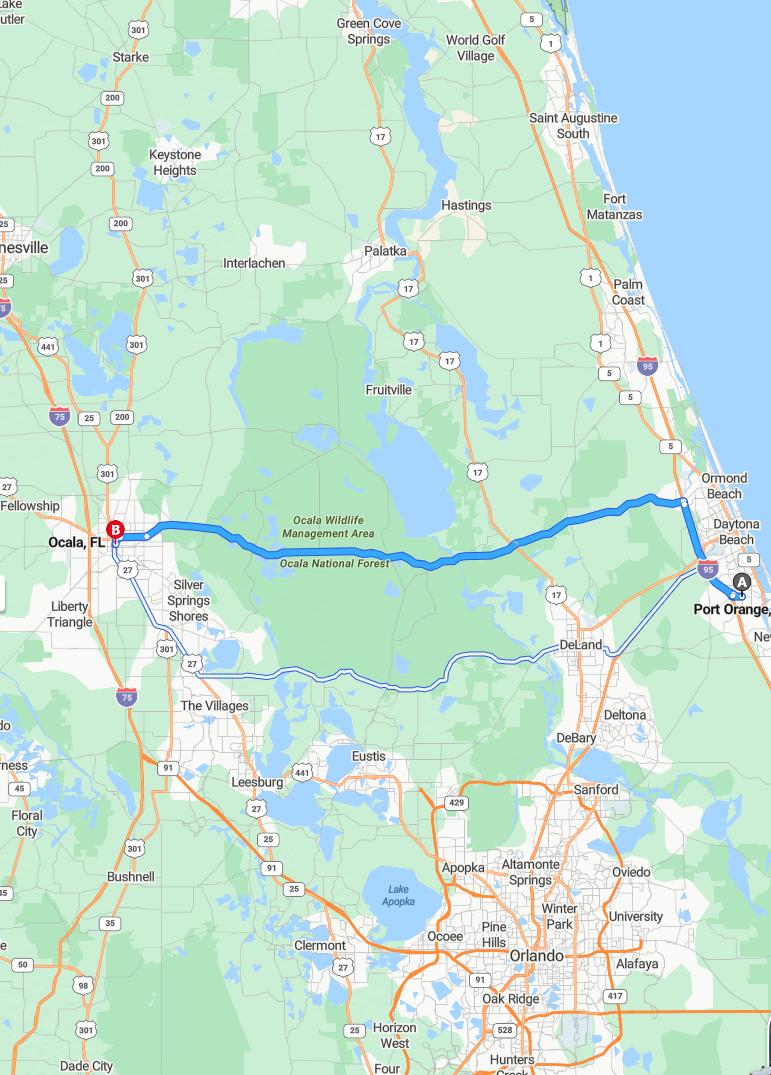 driving from Port Orange, Florida to OcalaFlorida - map and route