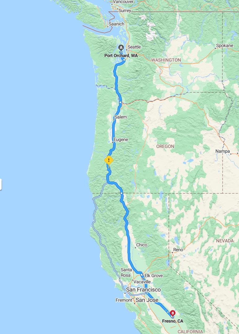 driving from Port Orchard, Washington to FresnoCalifornia - map and route