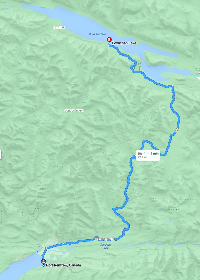 driving from Port Renfrew, British Columbia to Lake CowichanBritish Columbia - map and route