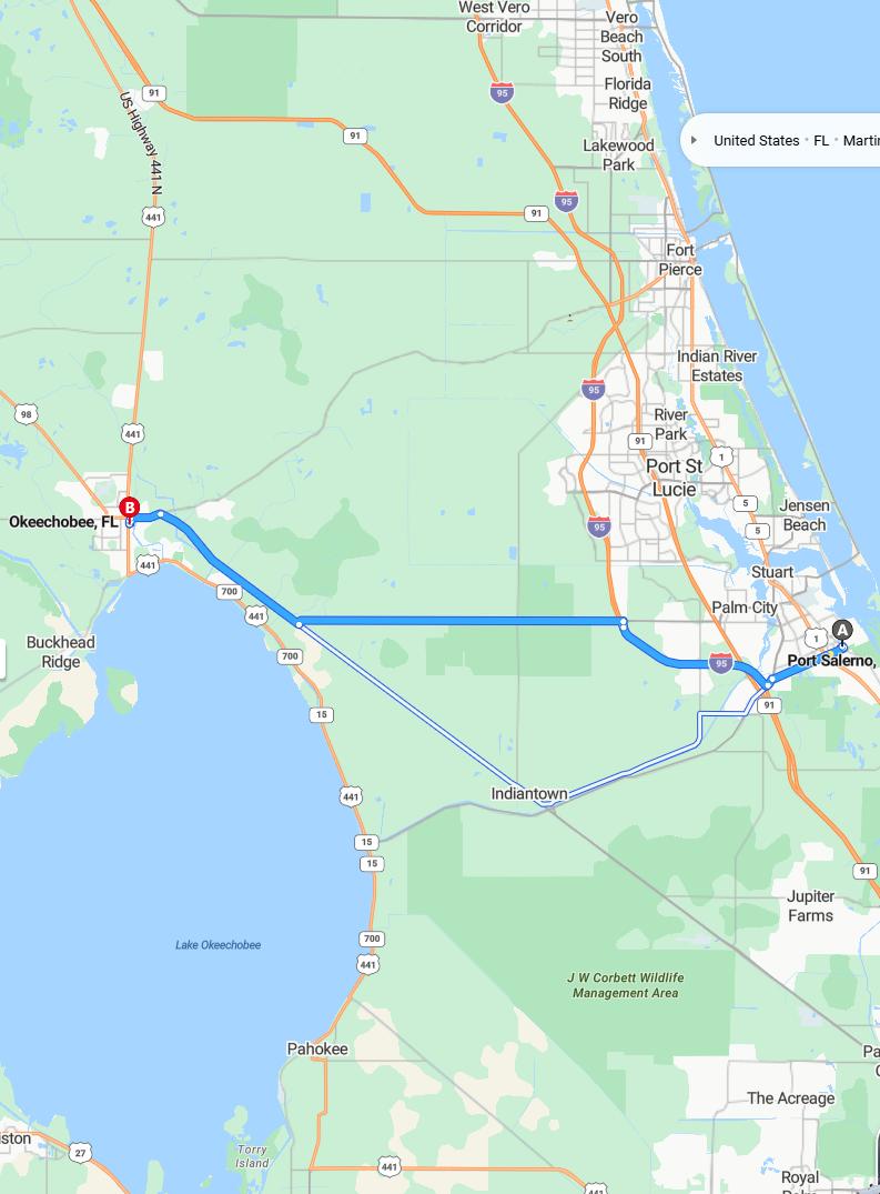 driving from Port Salerno, Florida to OkeechobeeFlorida - map and route