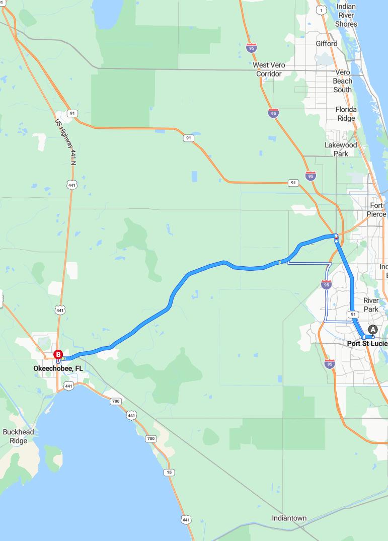 driving from Port St. Lucie, Florida to OkeechobeeFlorida - map and route