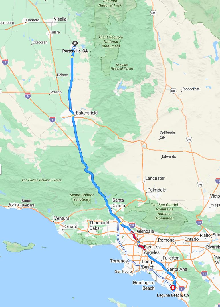 driving from Porterville, California to Laguna BeachCalifornia - map and route