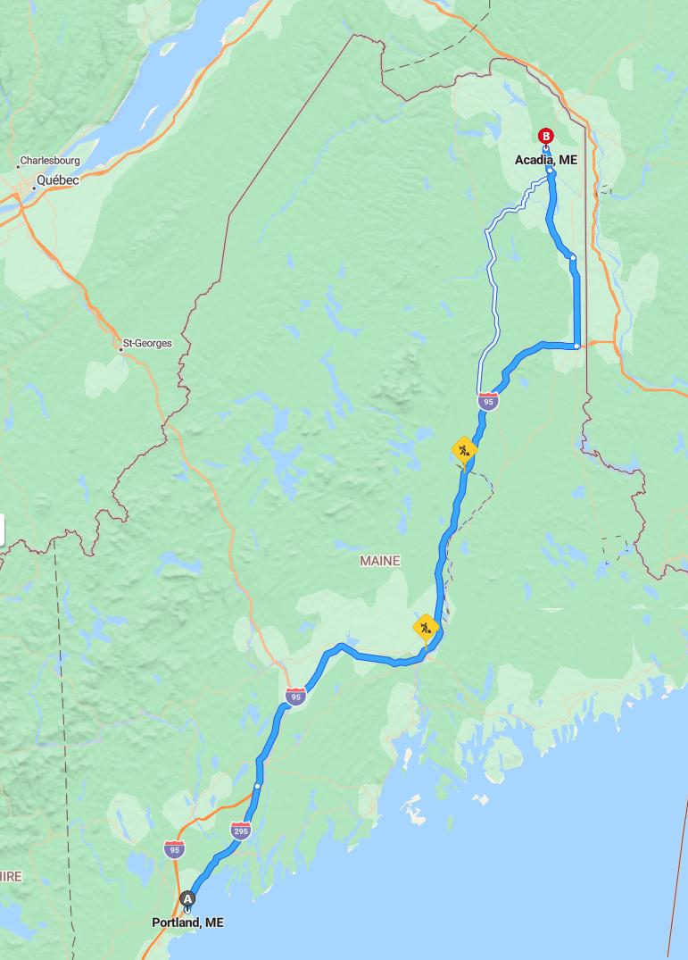 driving from Portland, Maine to AcadiaMaine - map and route